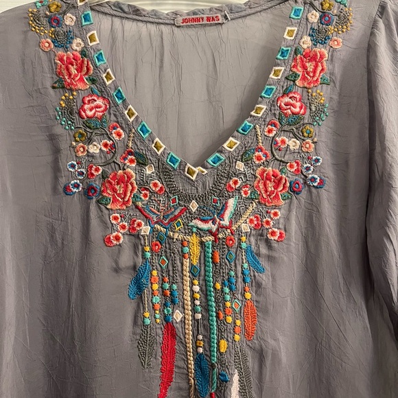 Johnny Was Charcoal Blouse with Colorful Embroidery - Picture 3 of 9
